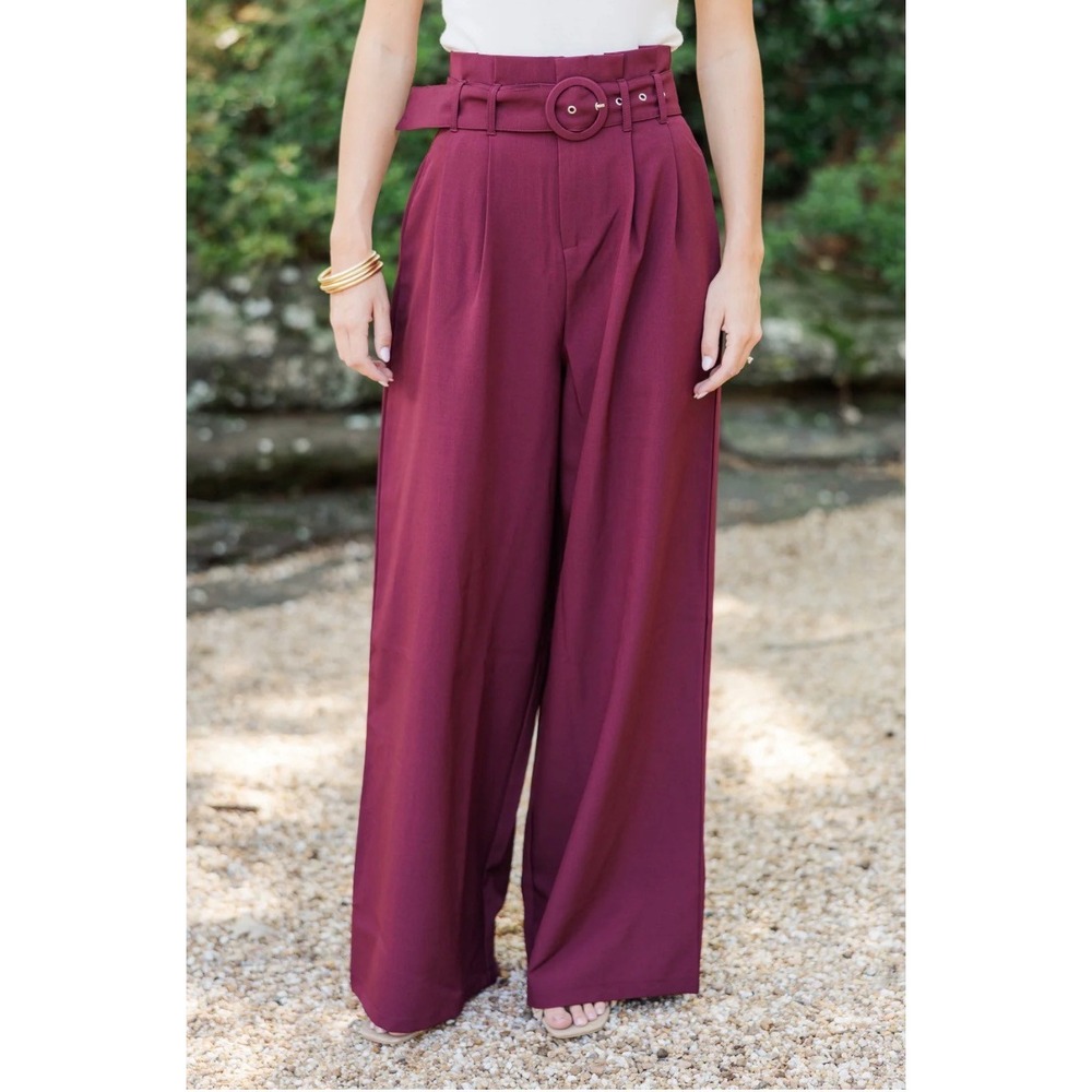 Shop The Mint Burgundy High Waisted Wide Leg Belted‎ Paperbag Pants Small